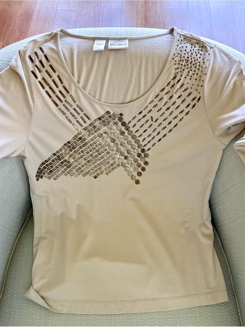 Chico's Taupe Crewneck Top with Bronze Sequin Detail